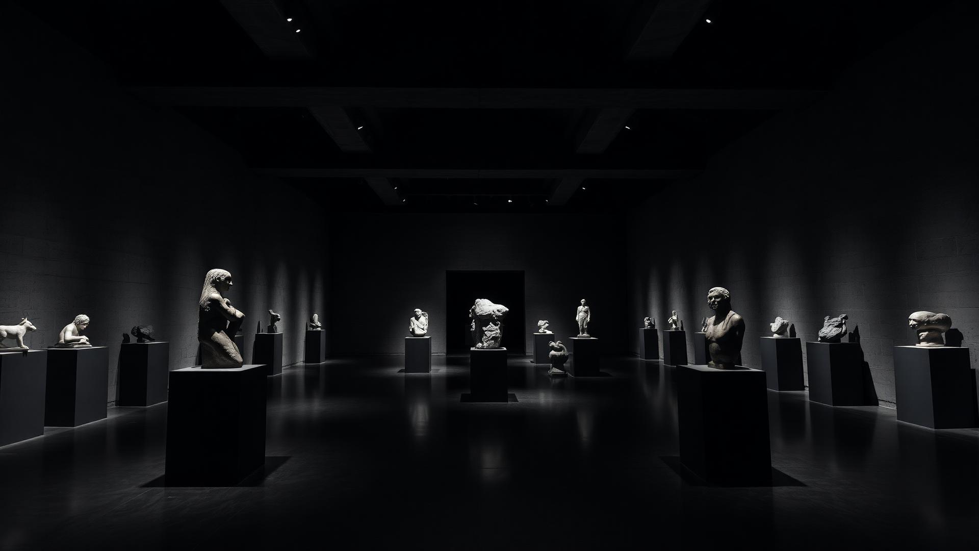 Interior de galería oscura con esculturas